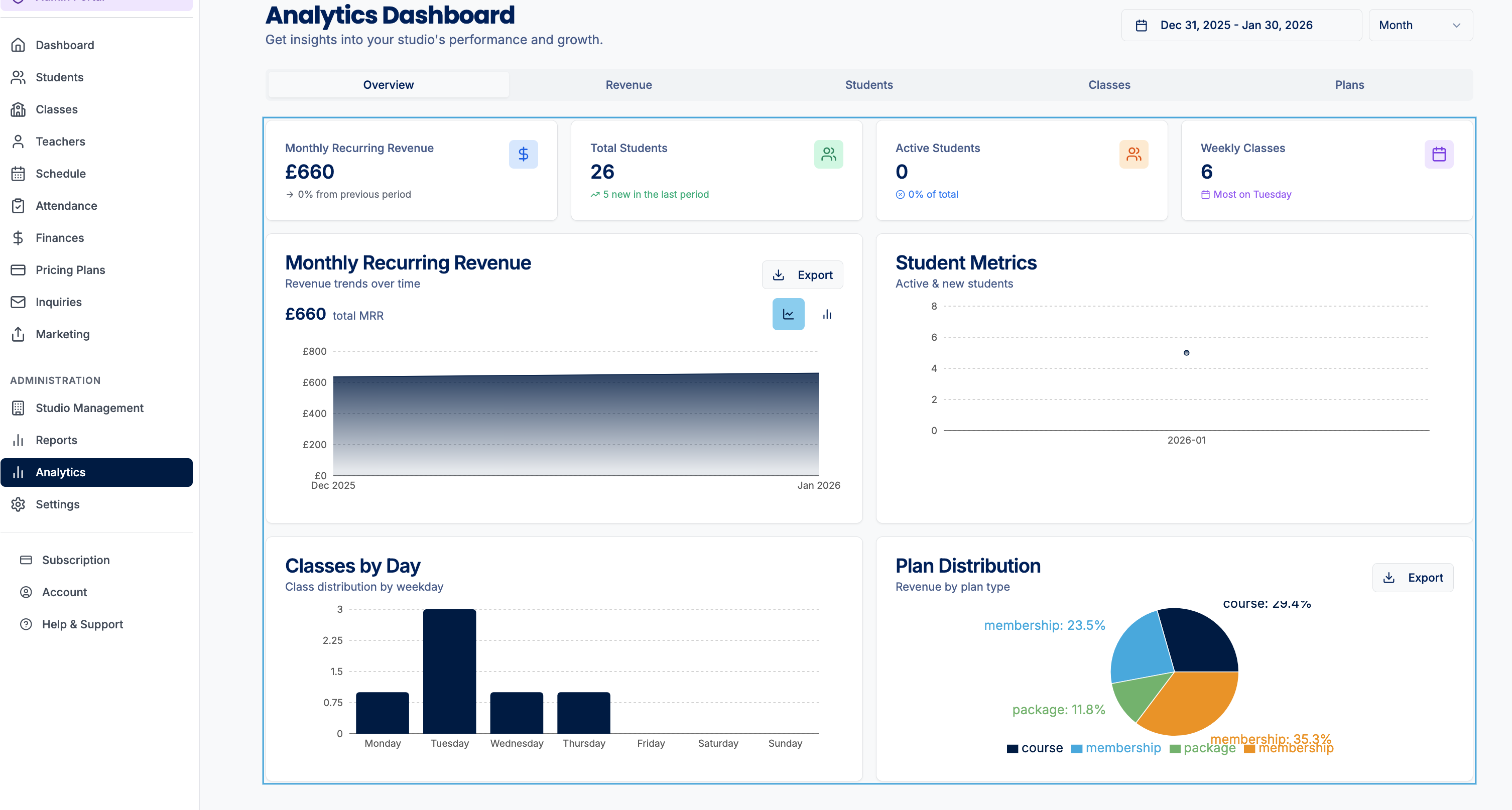 VuStudio Dance+Fitness Studio Management - Main product screenshot demonstrating key features and user interface