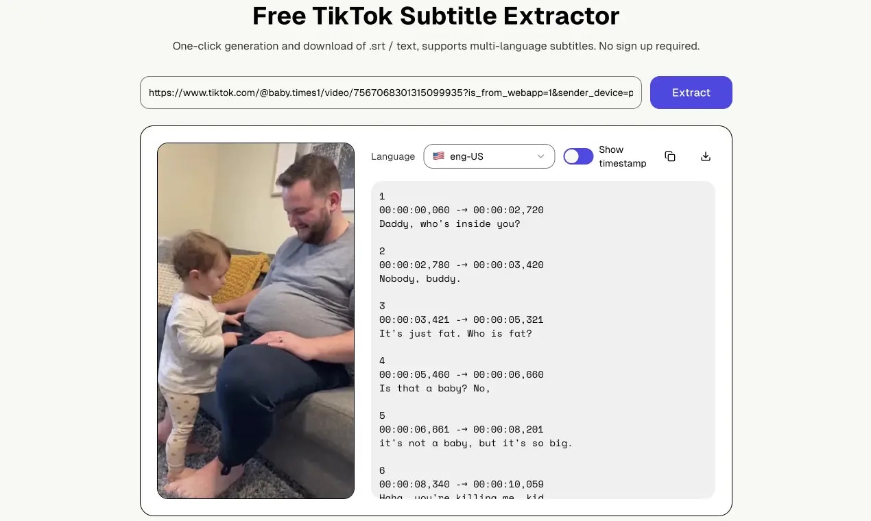 Free TikTok Transcript Generator  - Main screenshot showing features and interface