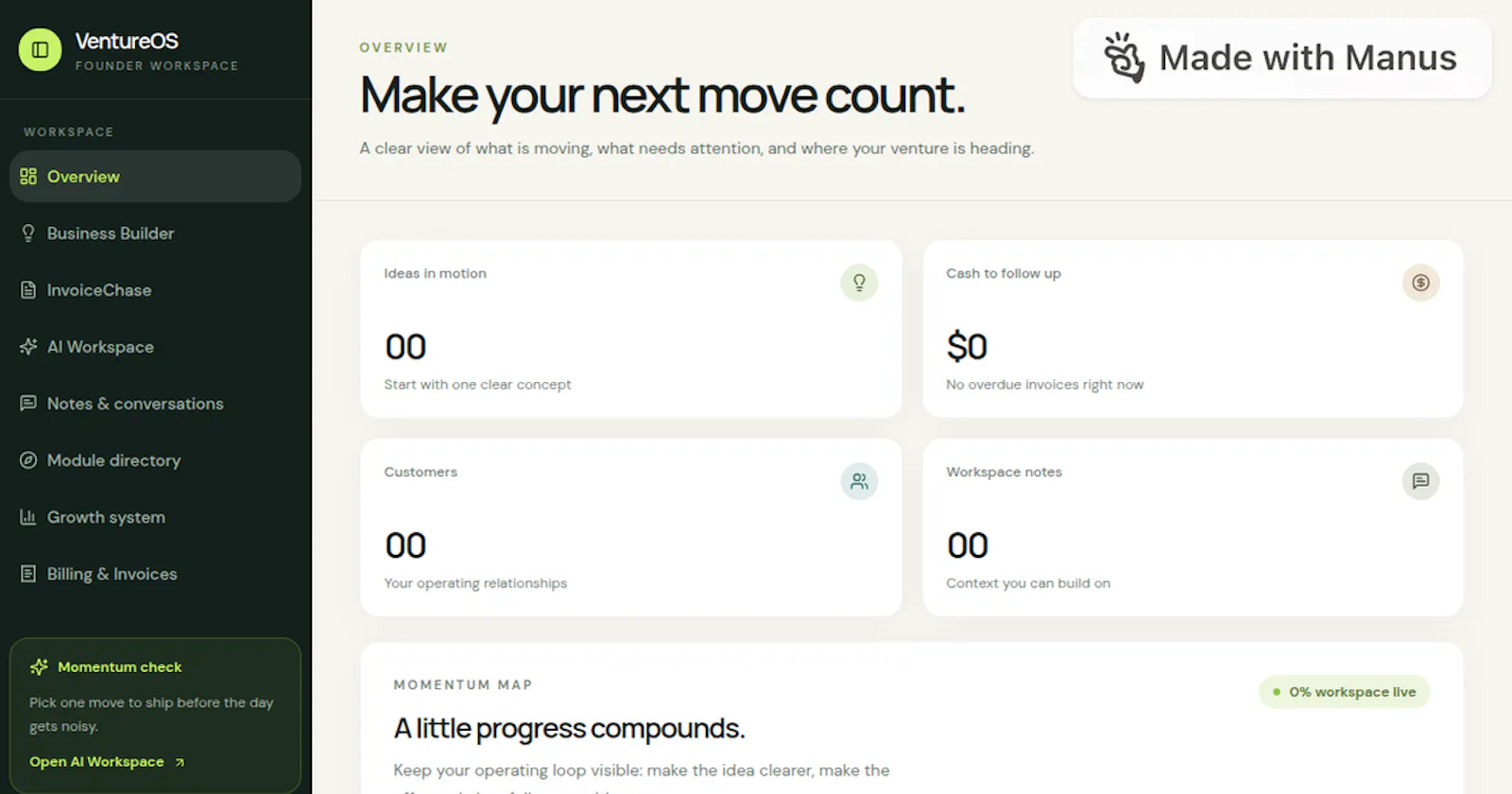 VentureOS — Founder workspace screenshot 1