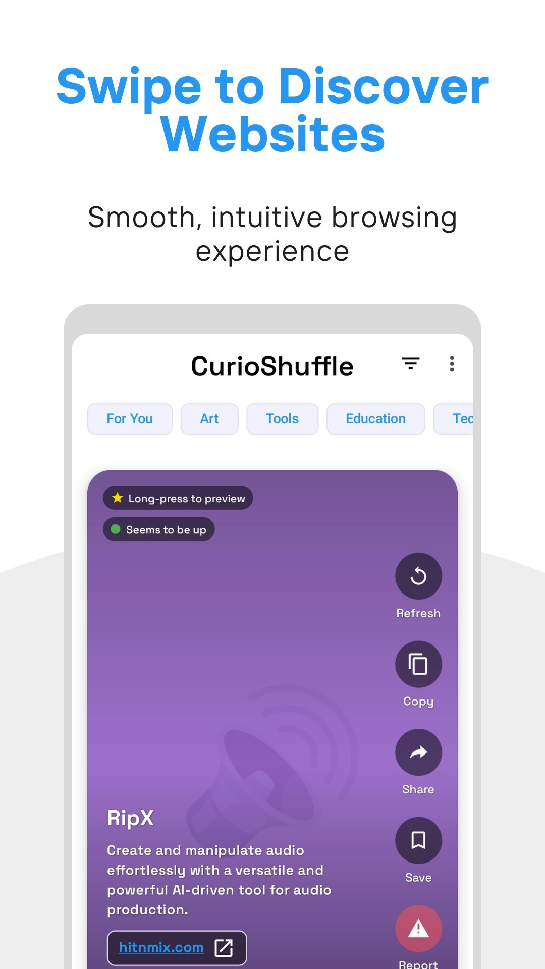 CurioShuffle – Discover Websites - Main product screenshot demonstrating key features and user interface