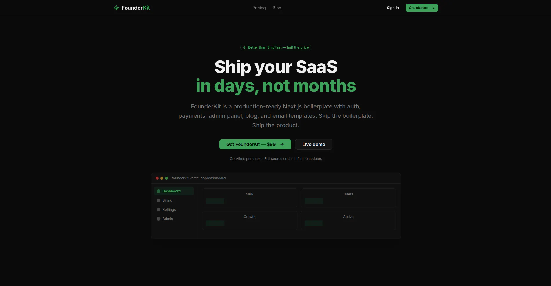 FounderKit — Ship your SaaS in days のプロダクトバナー