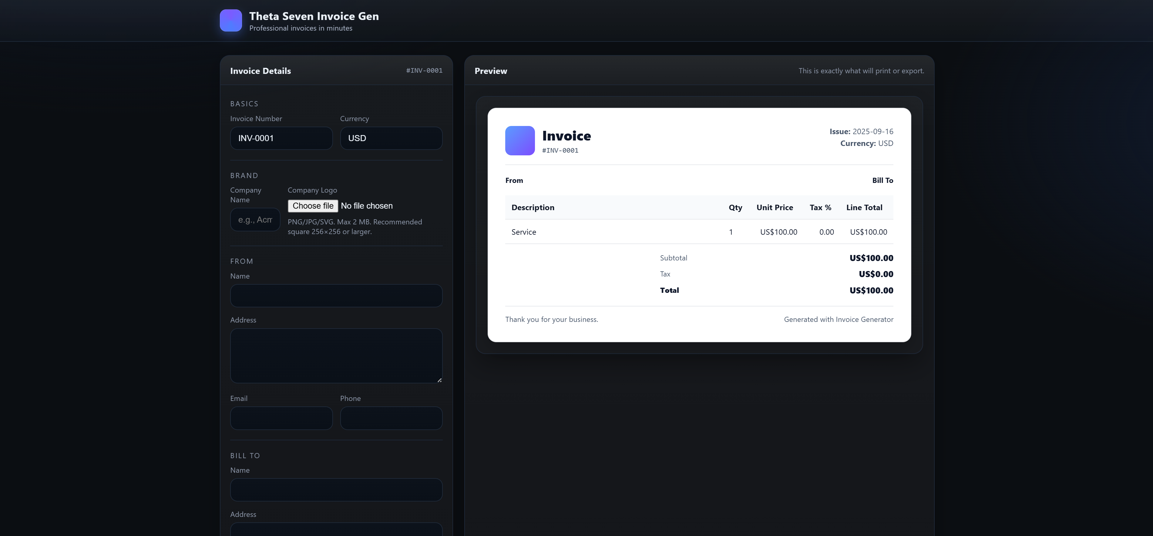 Média Générateur de factures Theta Seven - Factures professionnelles construites facilement et disponibles rapidement 1