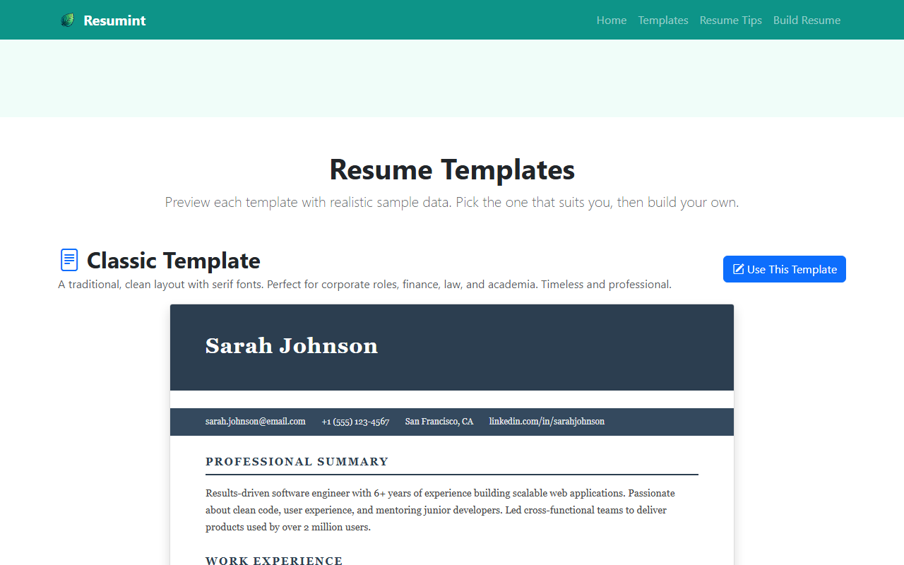 Resumint - Main product screenshot demonstrating key features and user interface