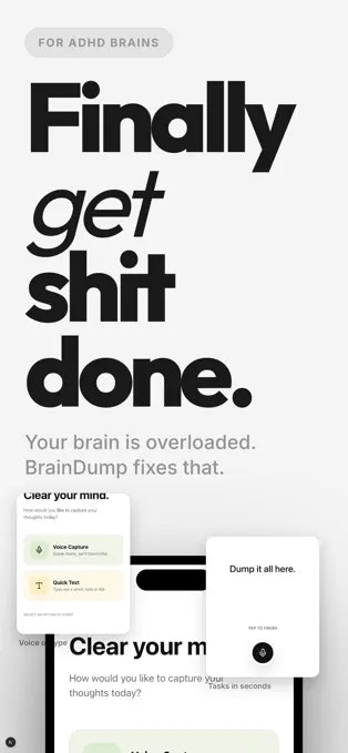 BrainDump: Voice Tasks & Focus - Main product screenshot demonstrating key features and user interface