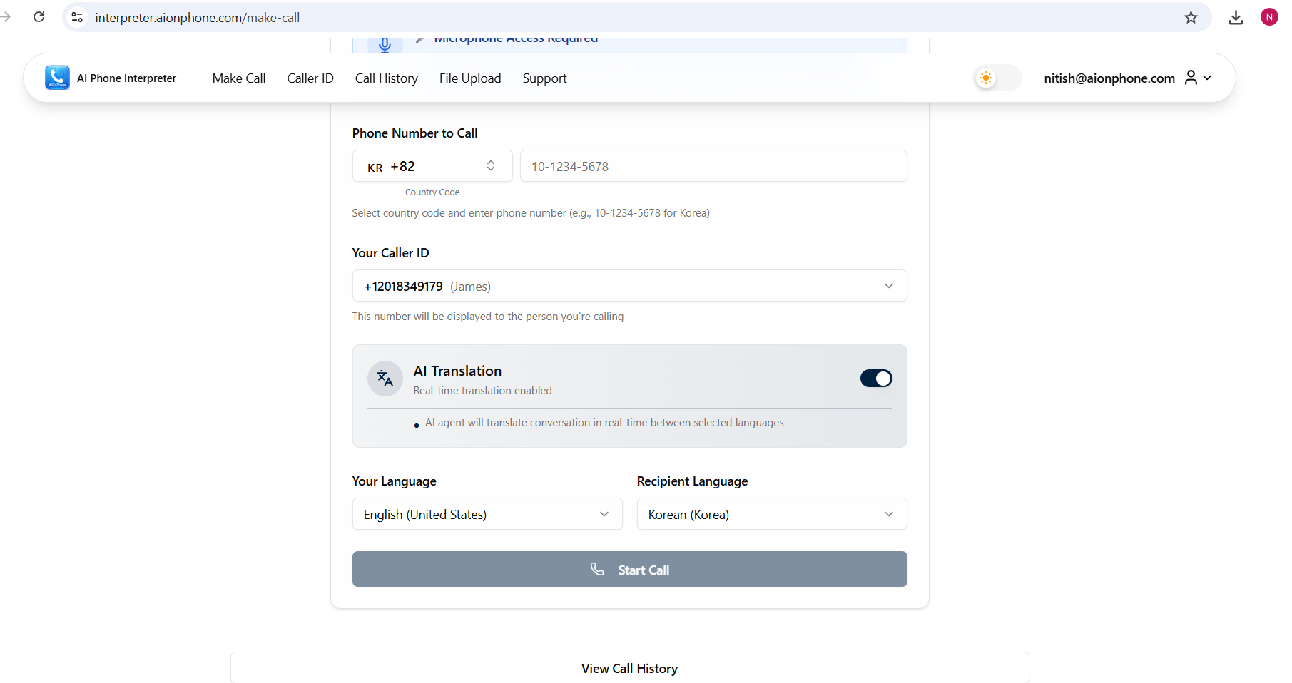 AI Phone Interpreter - Main product screenshot demonstrating key features and user interface