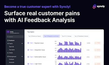 Syncly 앱이 열린 모바일 전화기는 비즈니스에 영향을 주는 중요한 부정적인 요소를 발견하기 위한 피드백 분류 기능을 보여줍니다.