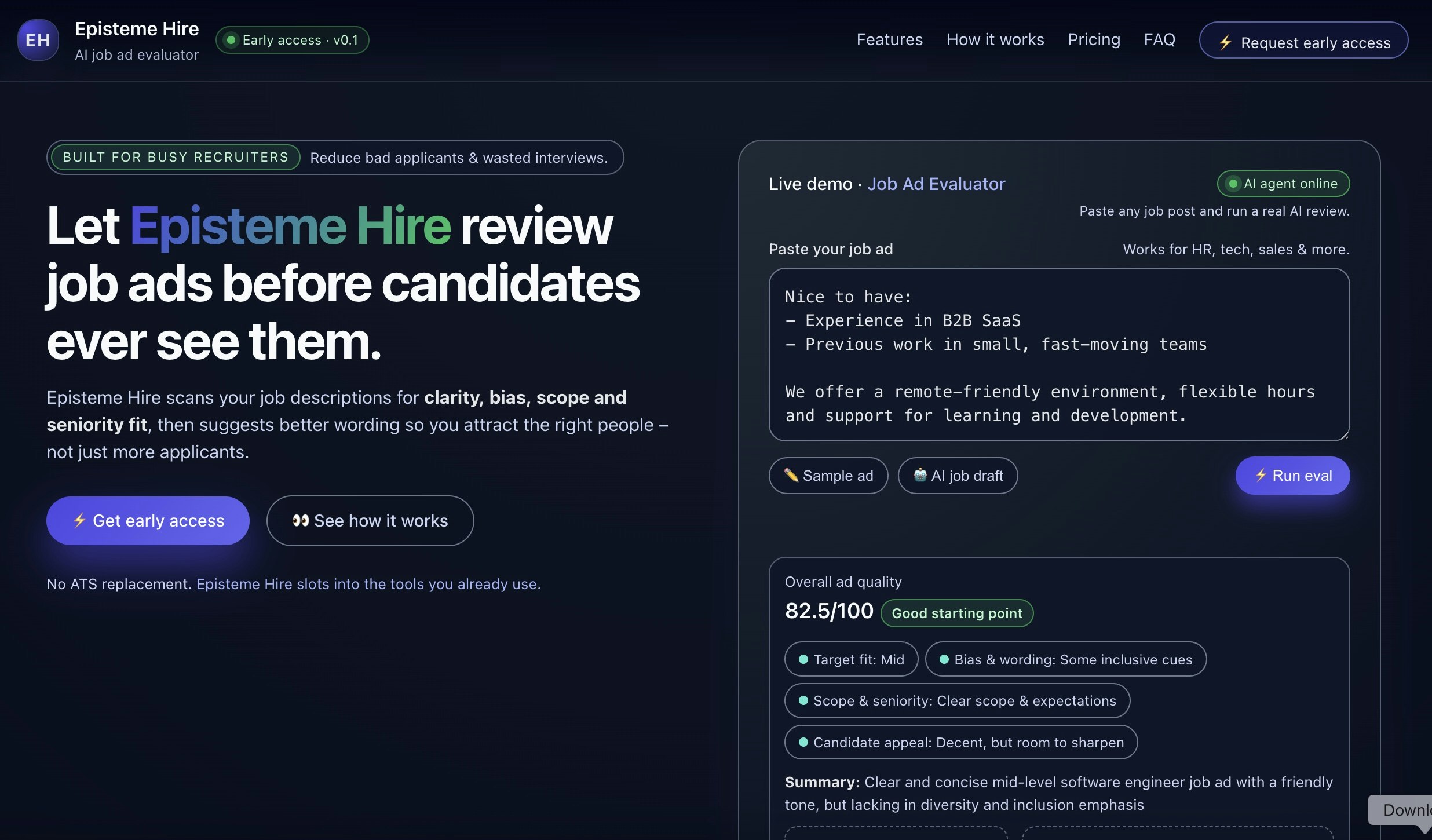 Episteme Hire - Main screenshot showing features and interface