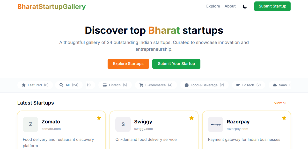 BharatStartupGallery - Main product screenshot demonstrating key features and user interface