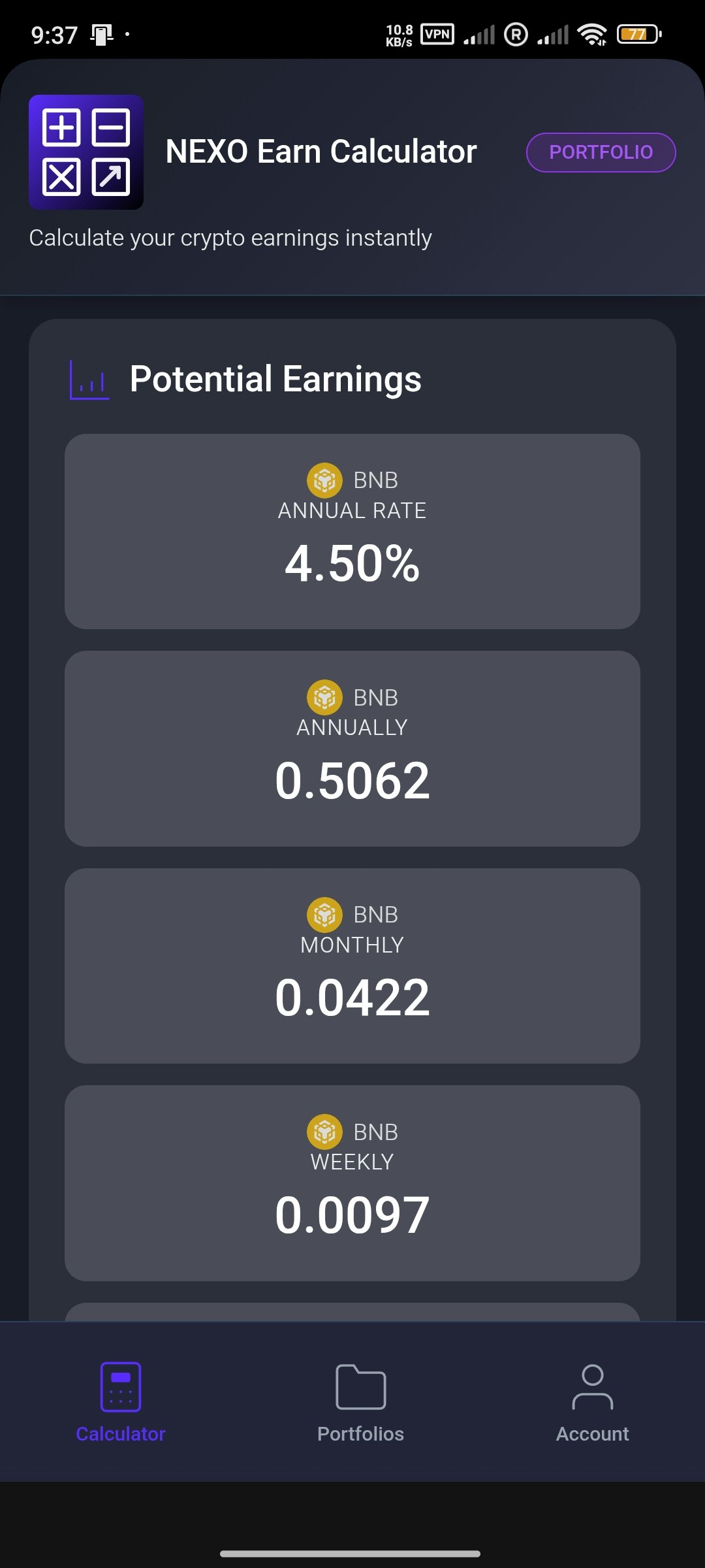 Nexo Earn Calculator - Screenshot 2 showing product features and functionality