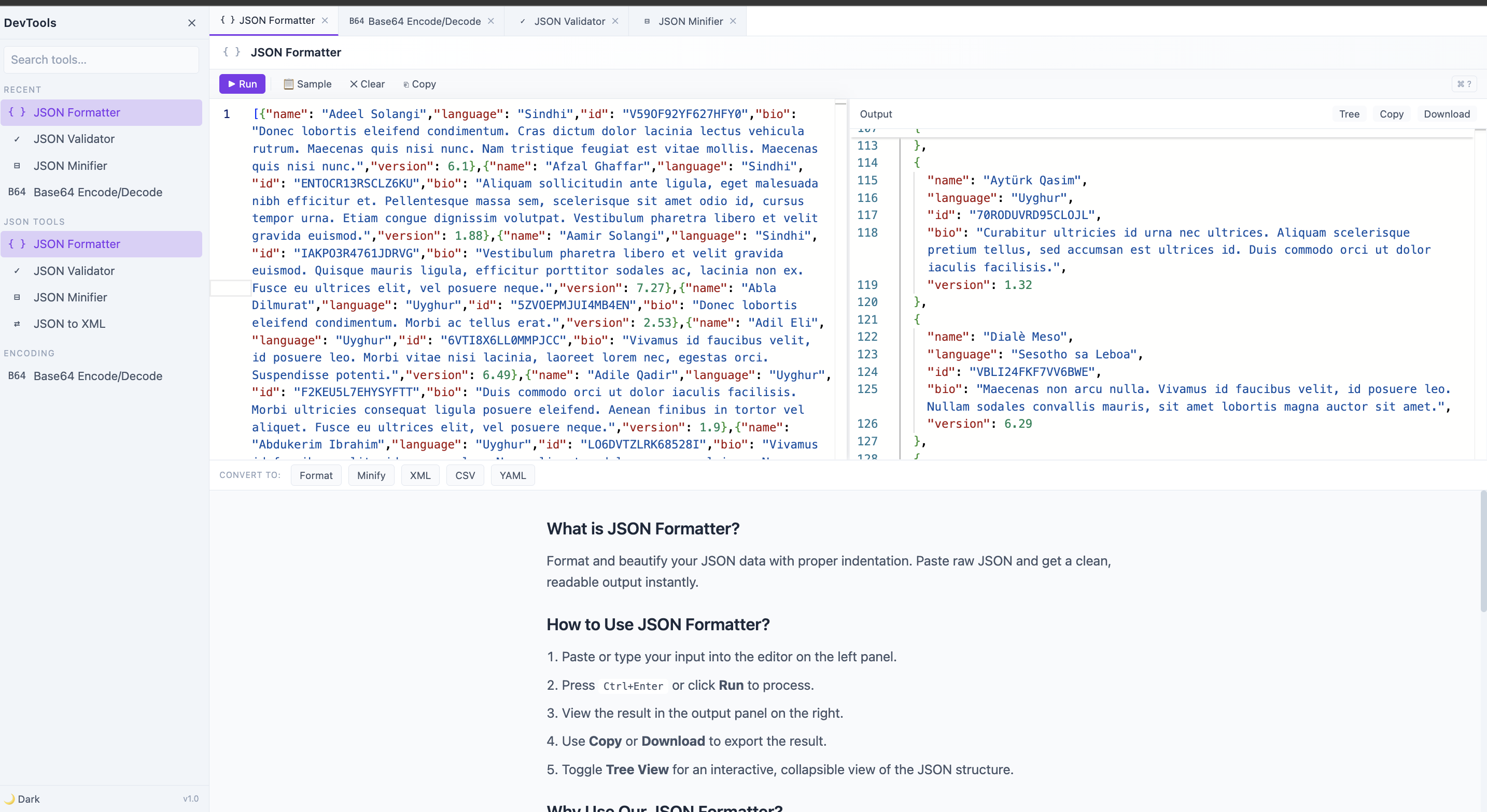 DevTools Workspace formatterjson.org gallery image