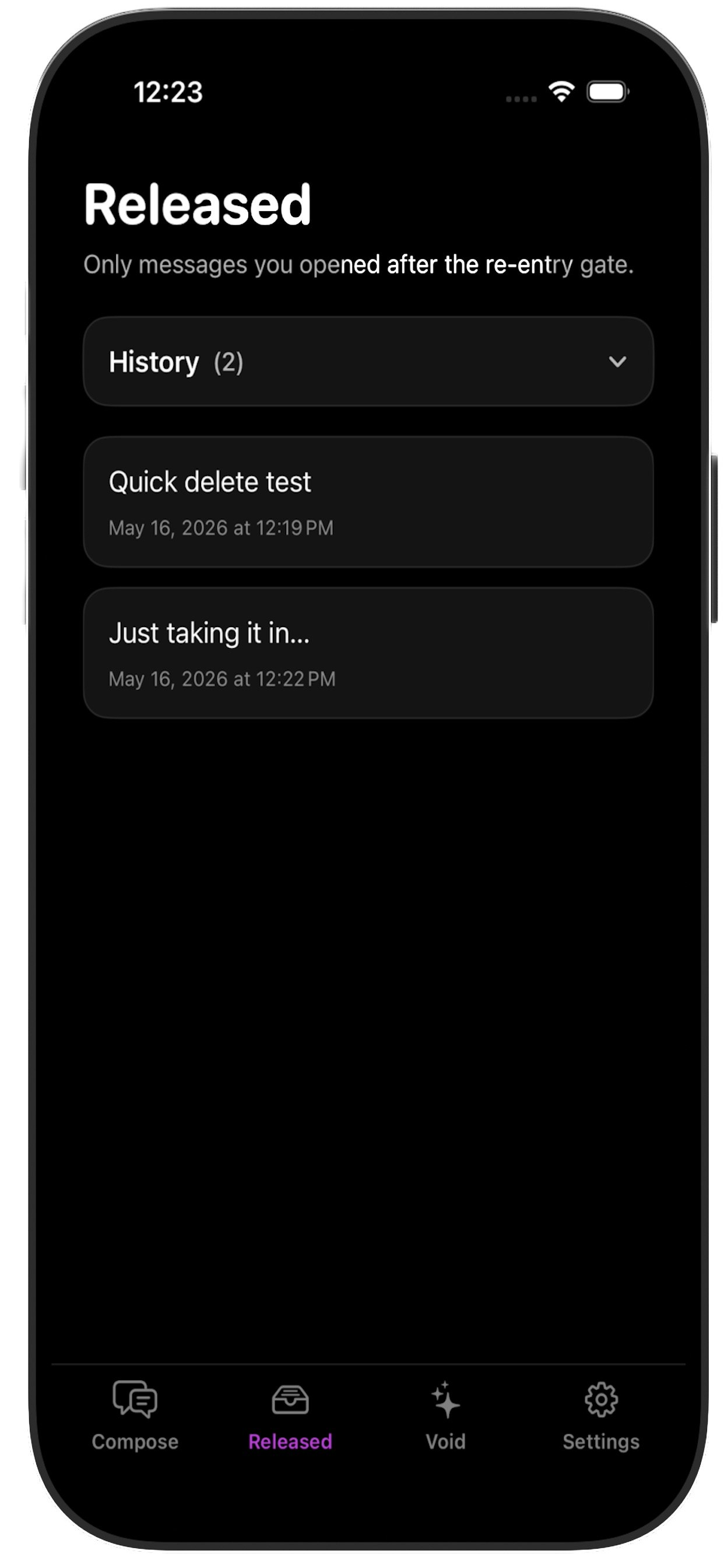 The Void — A private thought-release app gallery image