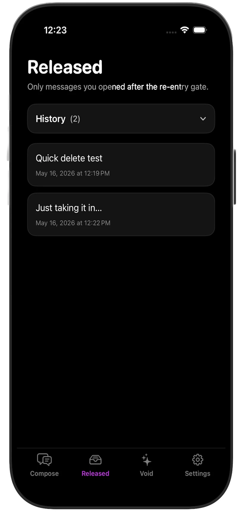 The Void — A private thought-release app screenshot 2