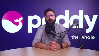 Poddy ロゴ (ソーシャル メディア アイコンが付いたマイク) のスクリーンショット。