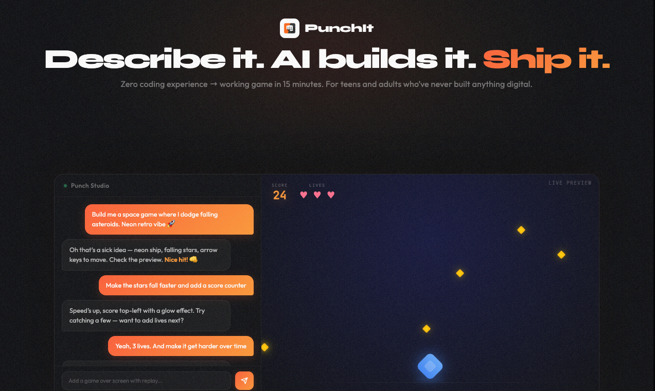 PunchIt — Vibe Coding for Newbies - Main product screenshot demonstrating key features and user interface