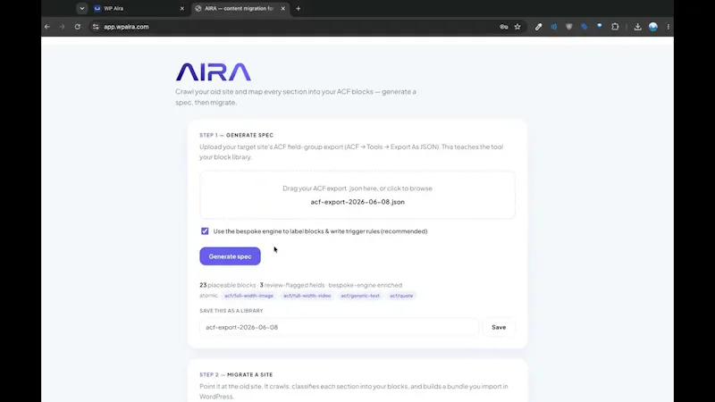 AIRA | Migrate Any Website to ACF Blocks screenshot 1 (video preview)