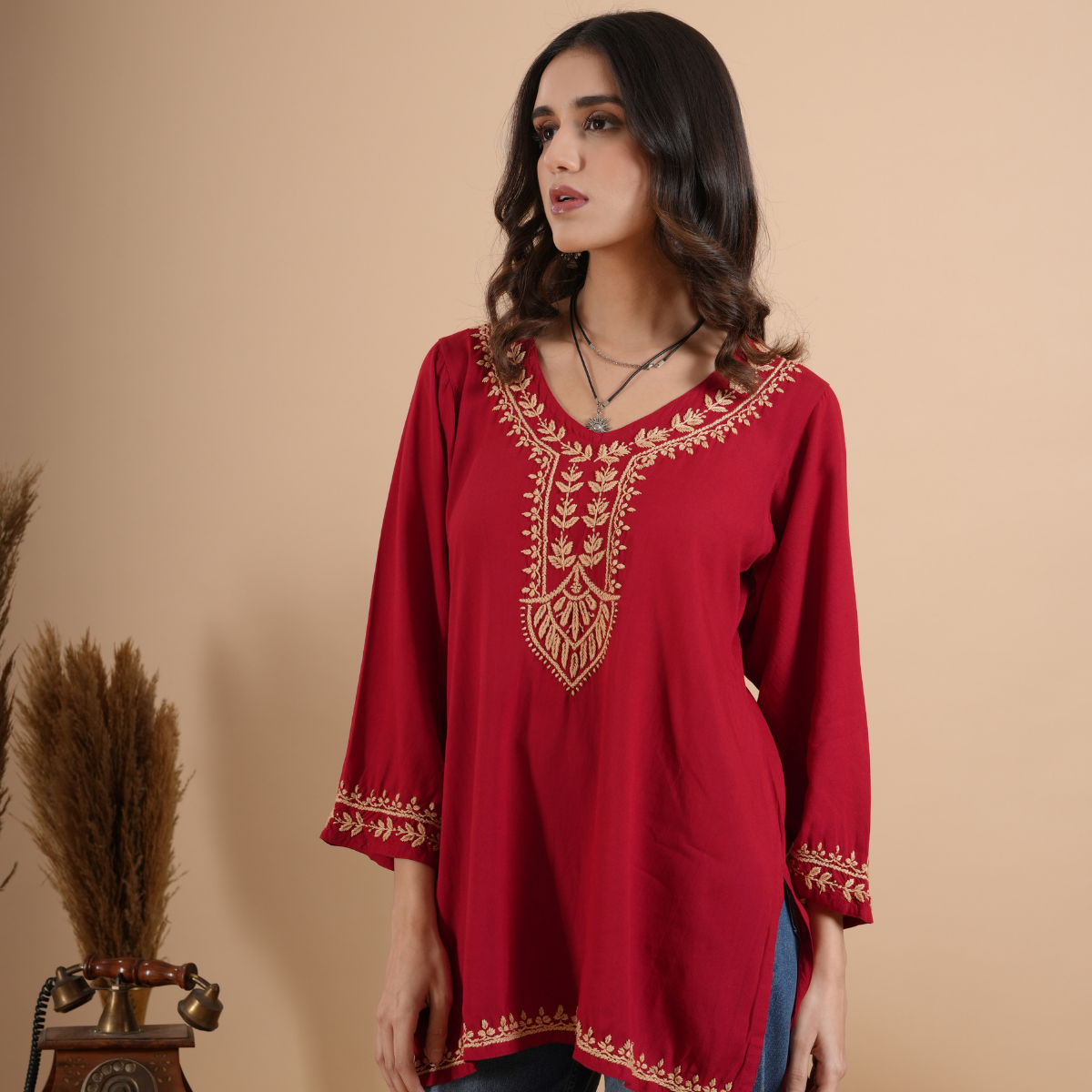 Red Rayon Short Chikankari Kurti  gallery image