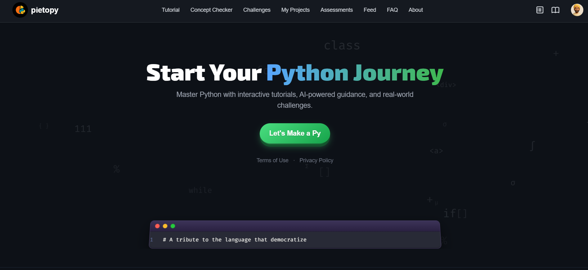 Pietopy - Stop learning | Start building - Main screenshot showing features and interface
