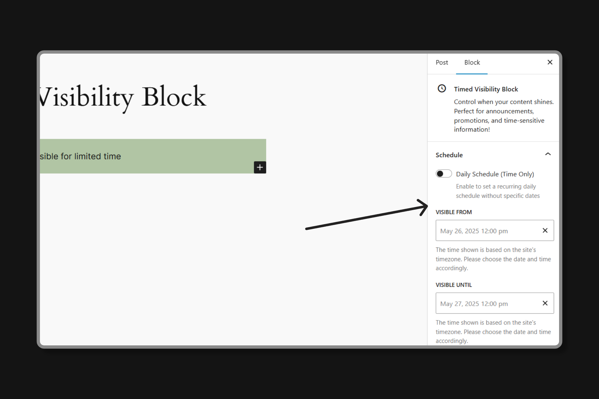 Zeitgesteuerter Sichtbarkeitsblock für WordPress - Kontrolle, wenn Ihr Inhalt leuchtet Medien 3