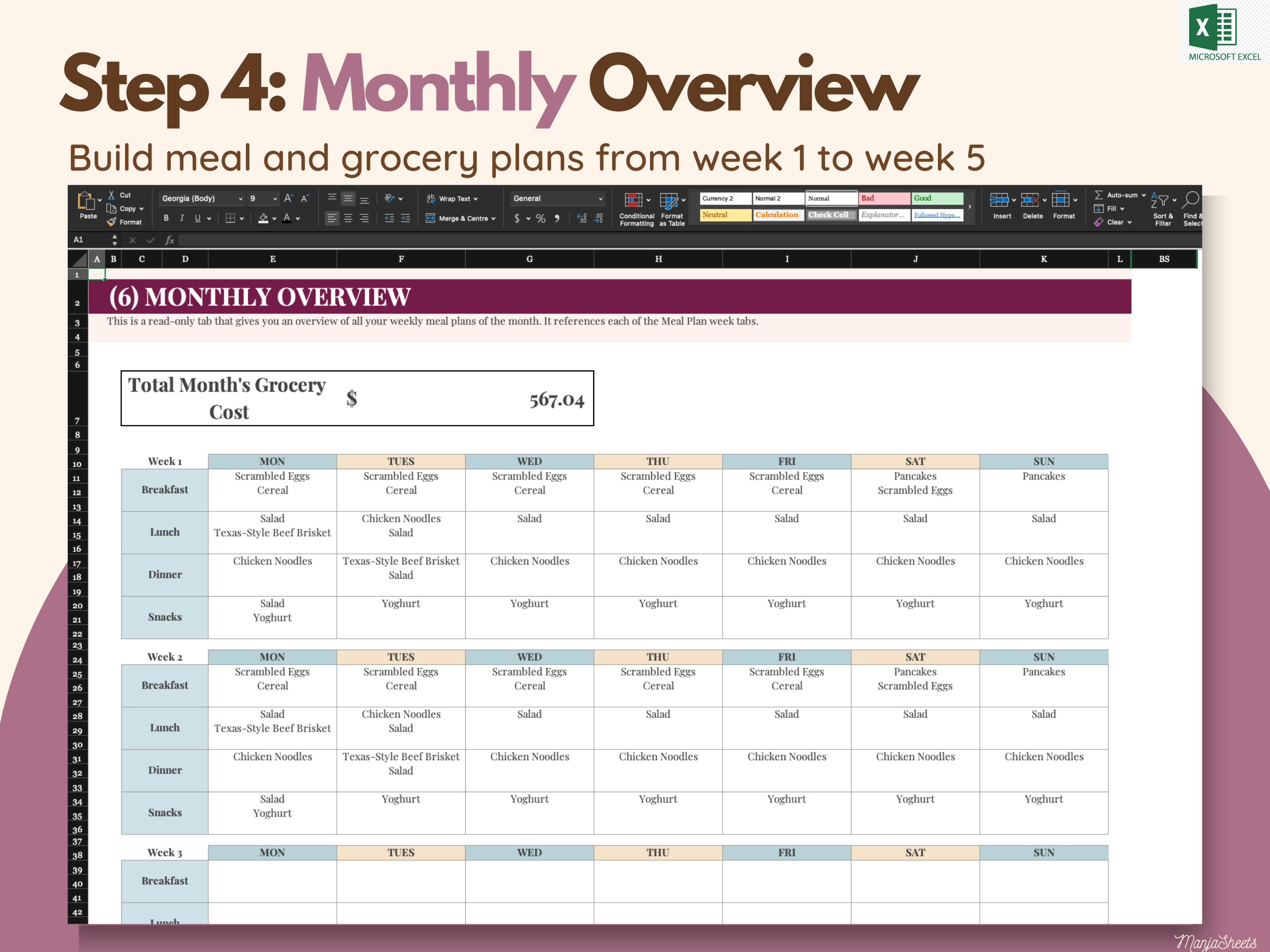 Mídia 6 de Modelo de planejamento semanal de refeições Excel