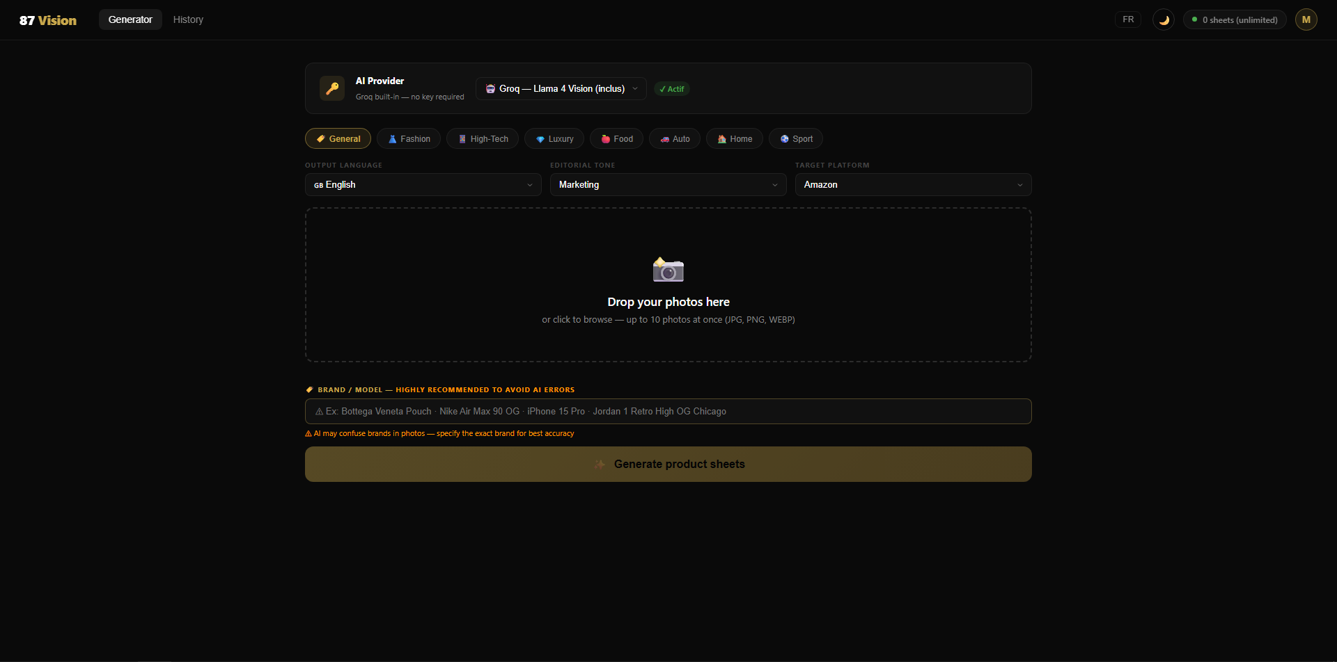 87 Vision — AI Product Sheet Generator gallery image