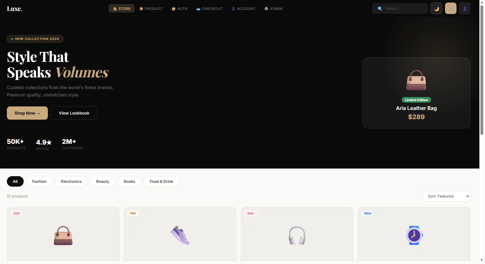 Luxe React E-Commerce Template 제품 배너