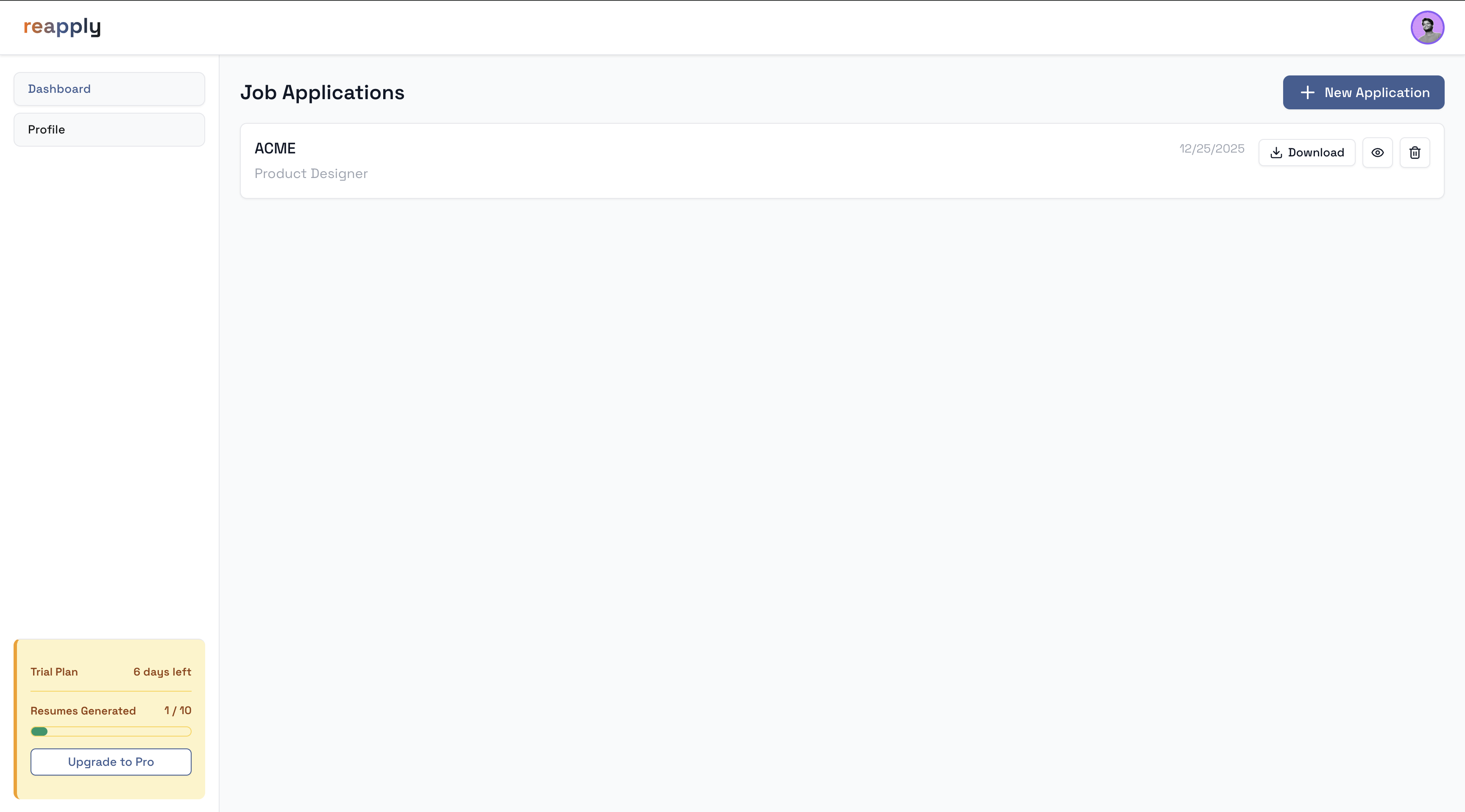 reapply.today - Main product screenshot demonstrating key features and user interface