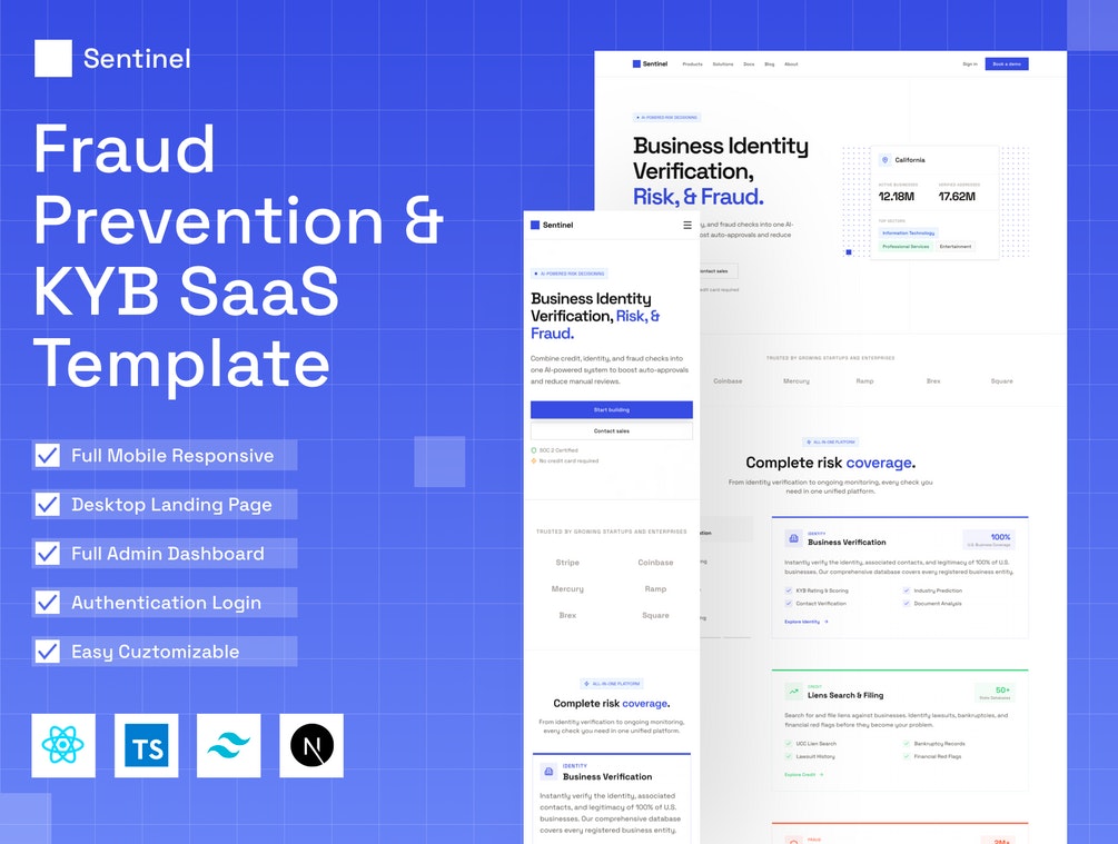 Sentinel — KYB & Fraud SaaS Template - Main product screenshot demonstrating key features and user interface