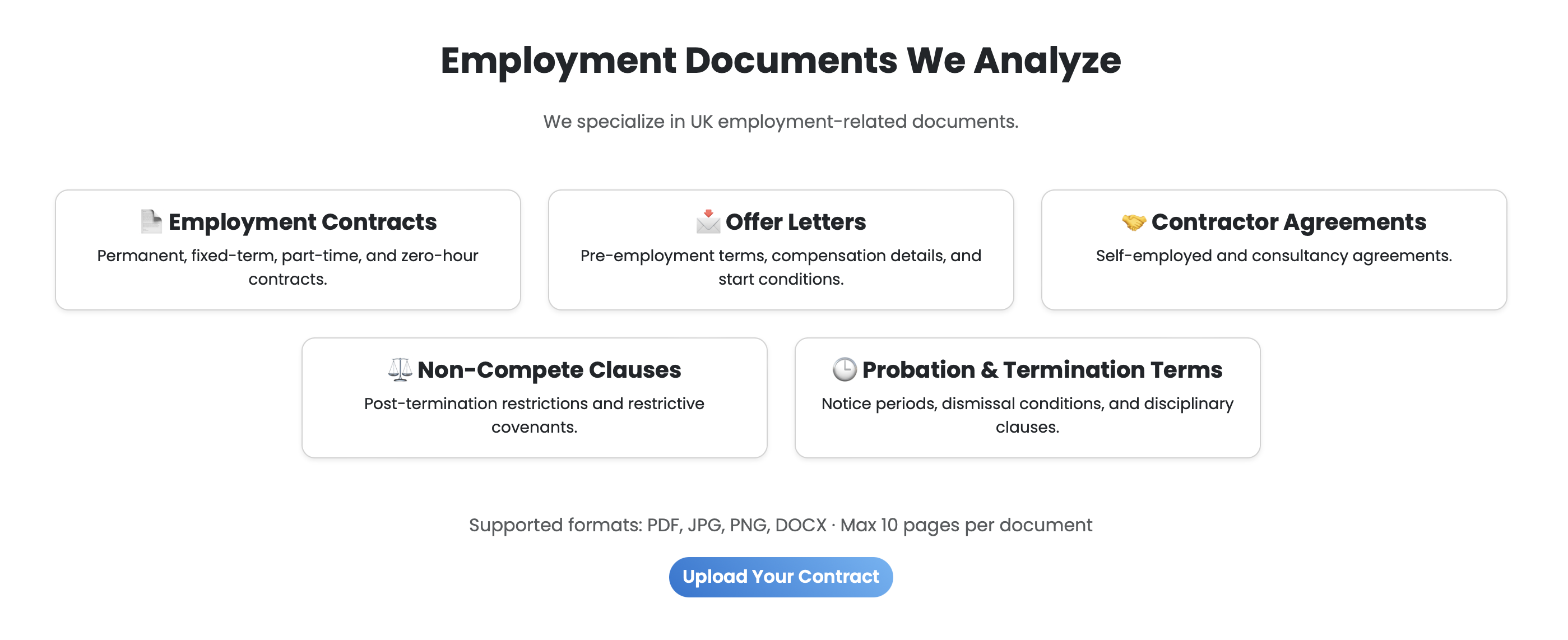 UK Employment Contract Review - Screenshot 2 showing product features and functionality