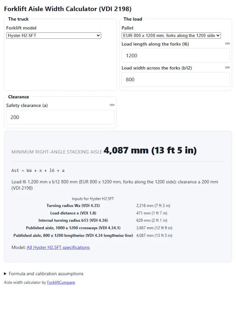 Forklift Aisle Width Calculator screenshot 4