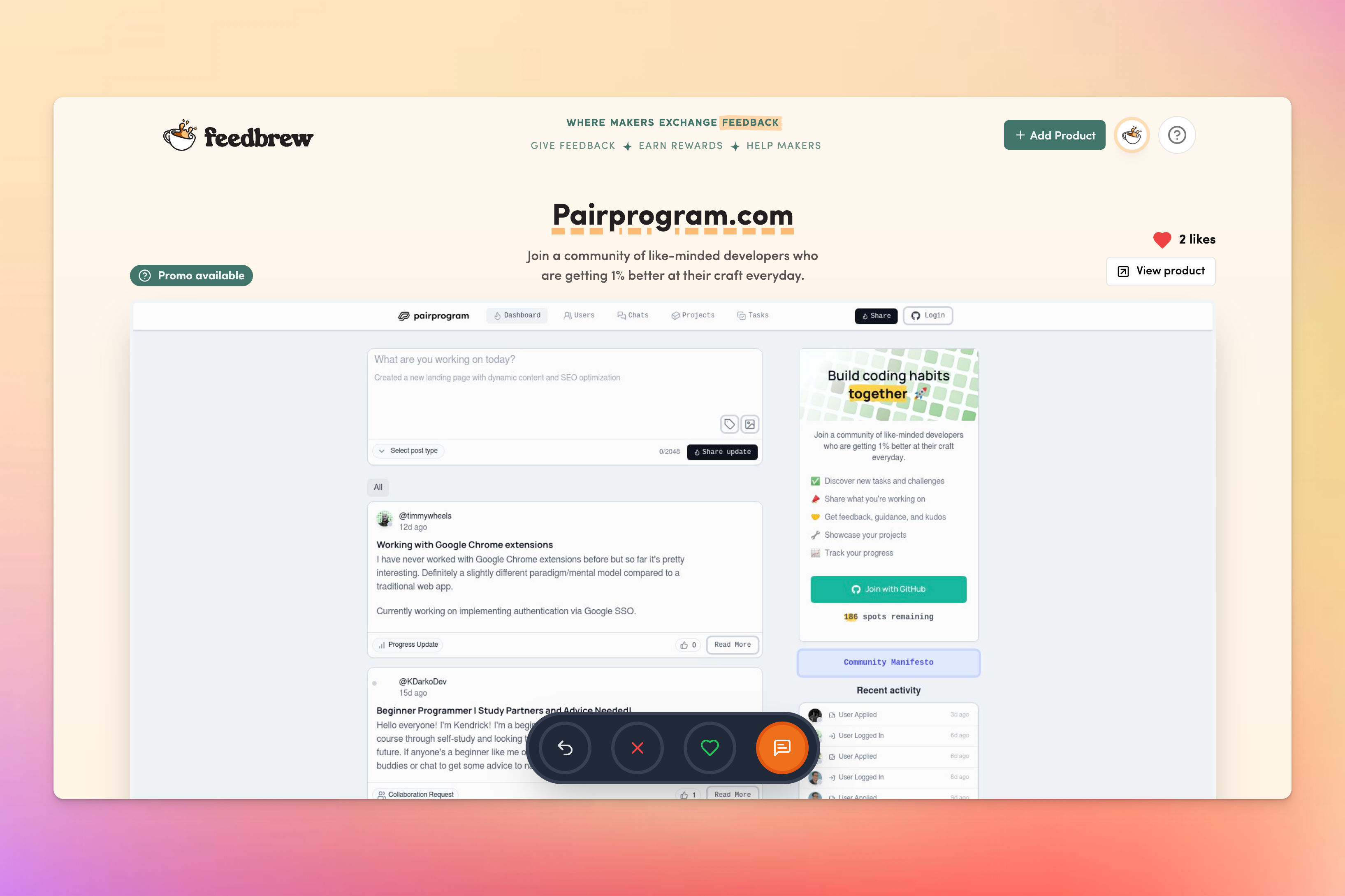 Mídia 2 de Feedbrew.com - Meio que o Tinder, mas para projetos paralelos