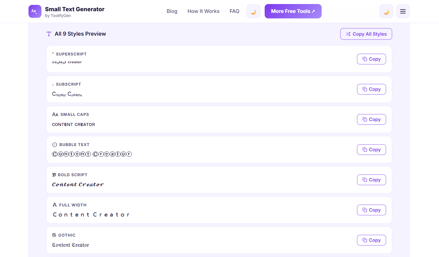 Small Text Generator by ToolifyGen - Screenshot 2 showing product features and functionality