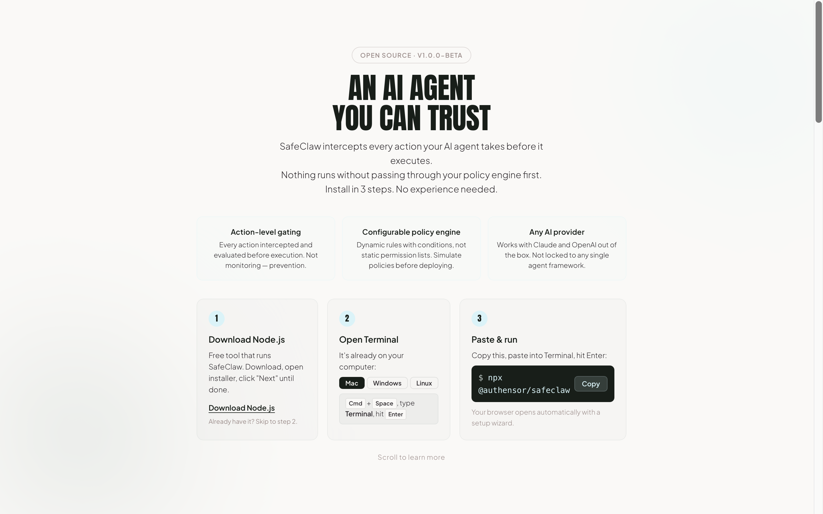 SafeClaw by Authensor - Main product screenshot demonstrating key features and user interface