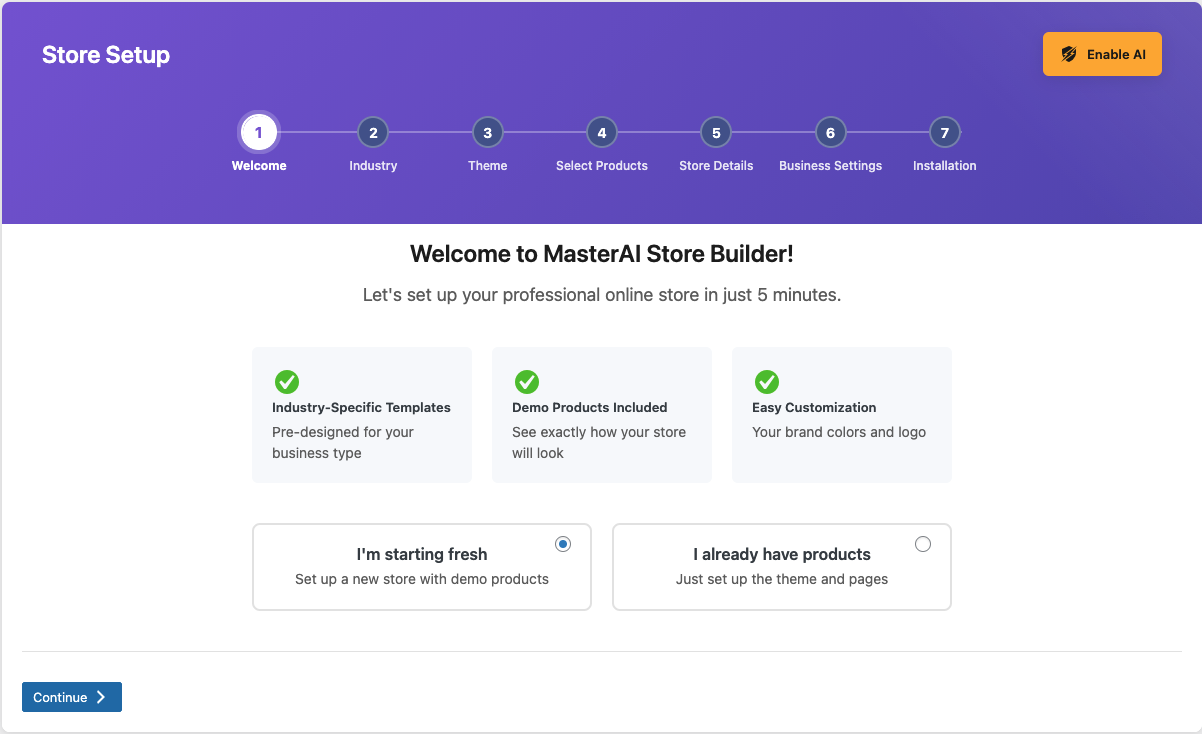 MasterAI Store Builder - Main product screenshot demonstrating key features and user interface