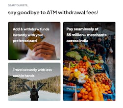 国際空港で使用中の Cheq アプリ - スマートフォンの Cheq アプリを使用して空港の免税店で支払いを行う旅行者。アプリのインターフェースが表示され、旅行者は購入した商品を手に持ちながら微笑んでいます。
