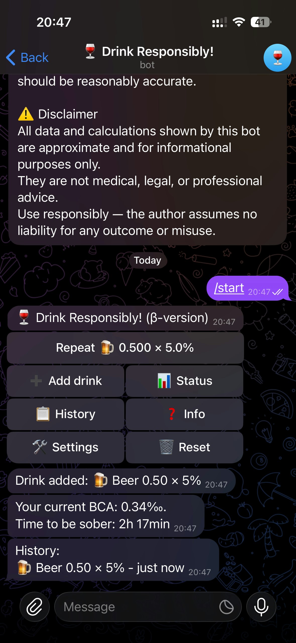 Drink Responsibly — BAC Tracker Bot - Main product screenshot demonstrating key features and user interface