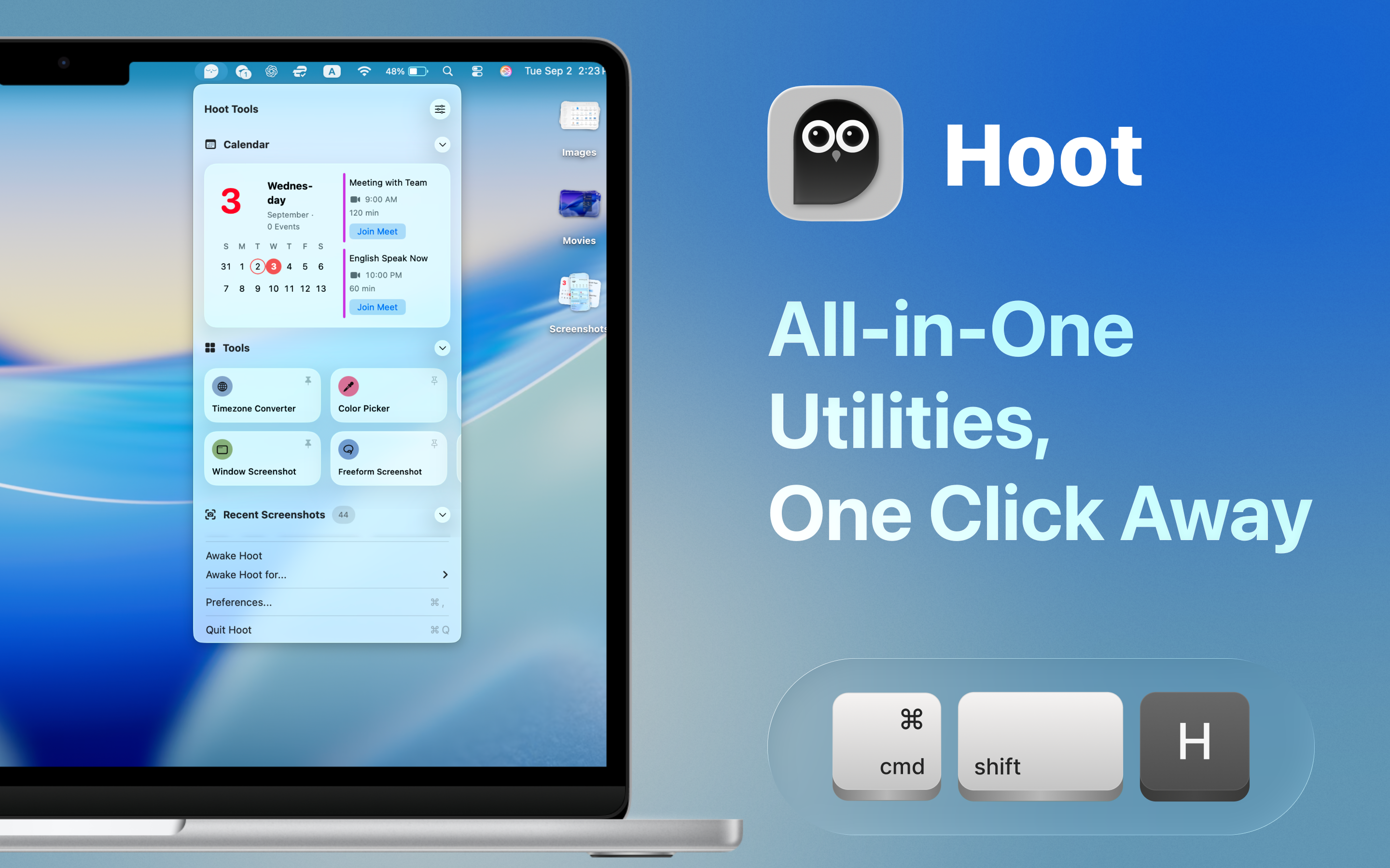 Média Hoot pour Mac - Widgets, outils, captures d'écran, écran de réveil dans votre menubar 2