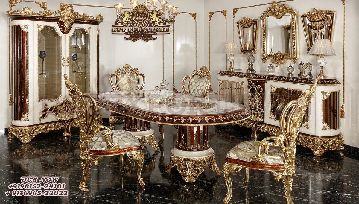 Teak Wood Walnut Finish Dining Table Set gallery image