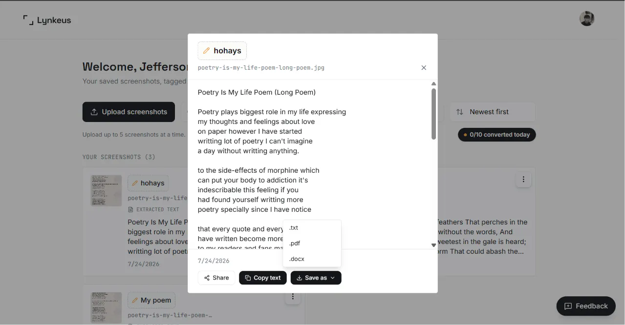 Lynkeus — Image to text, for screenshots gallery image