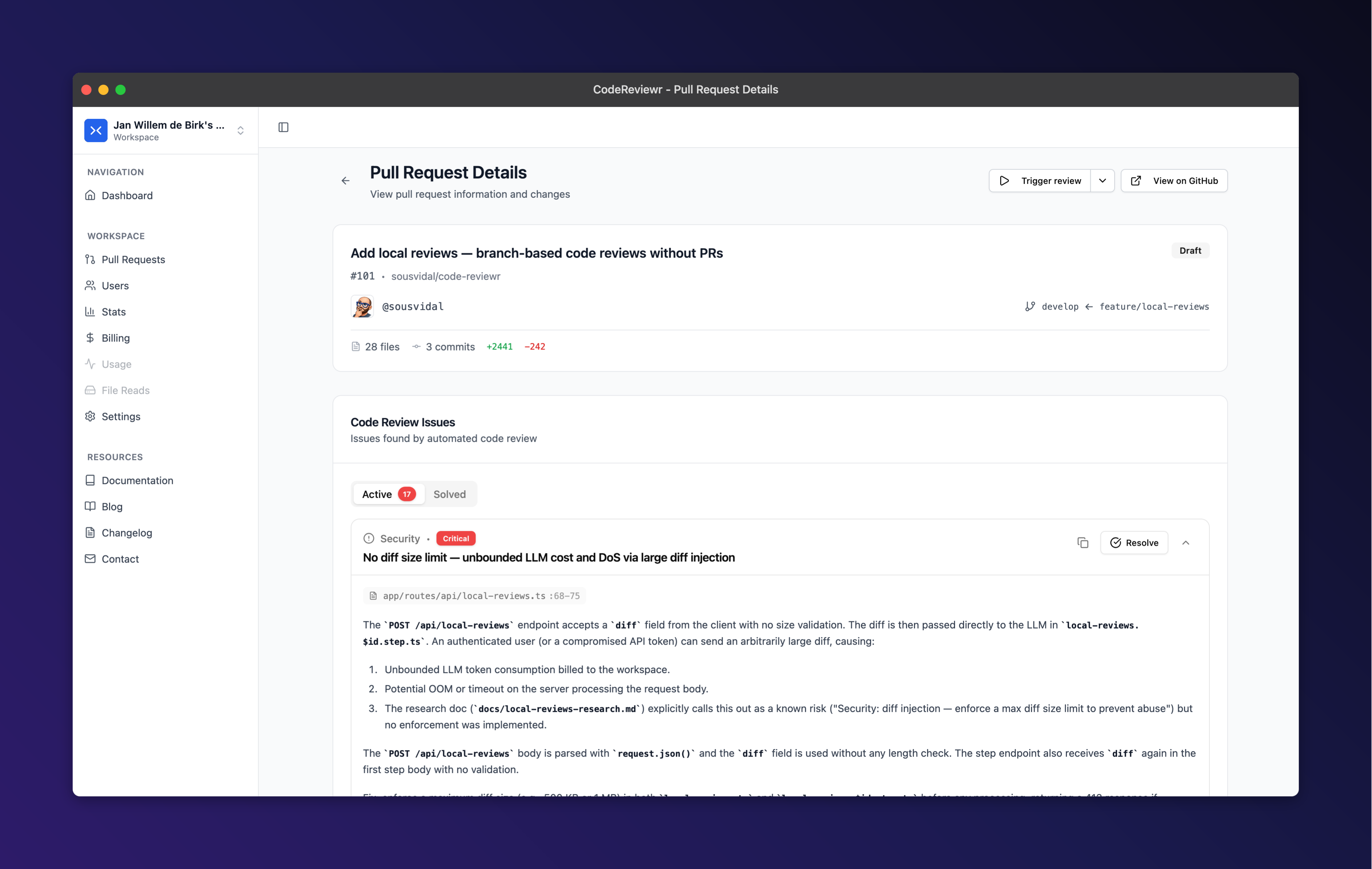 CodeReviewr - Screenshot 2 showing product features and functionality