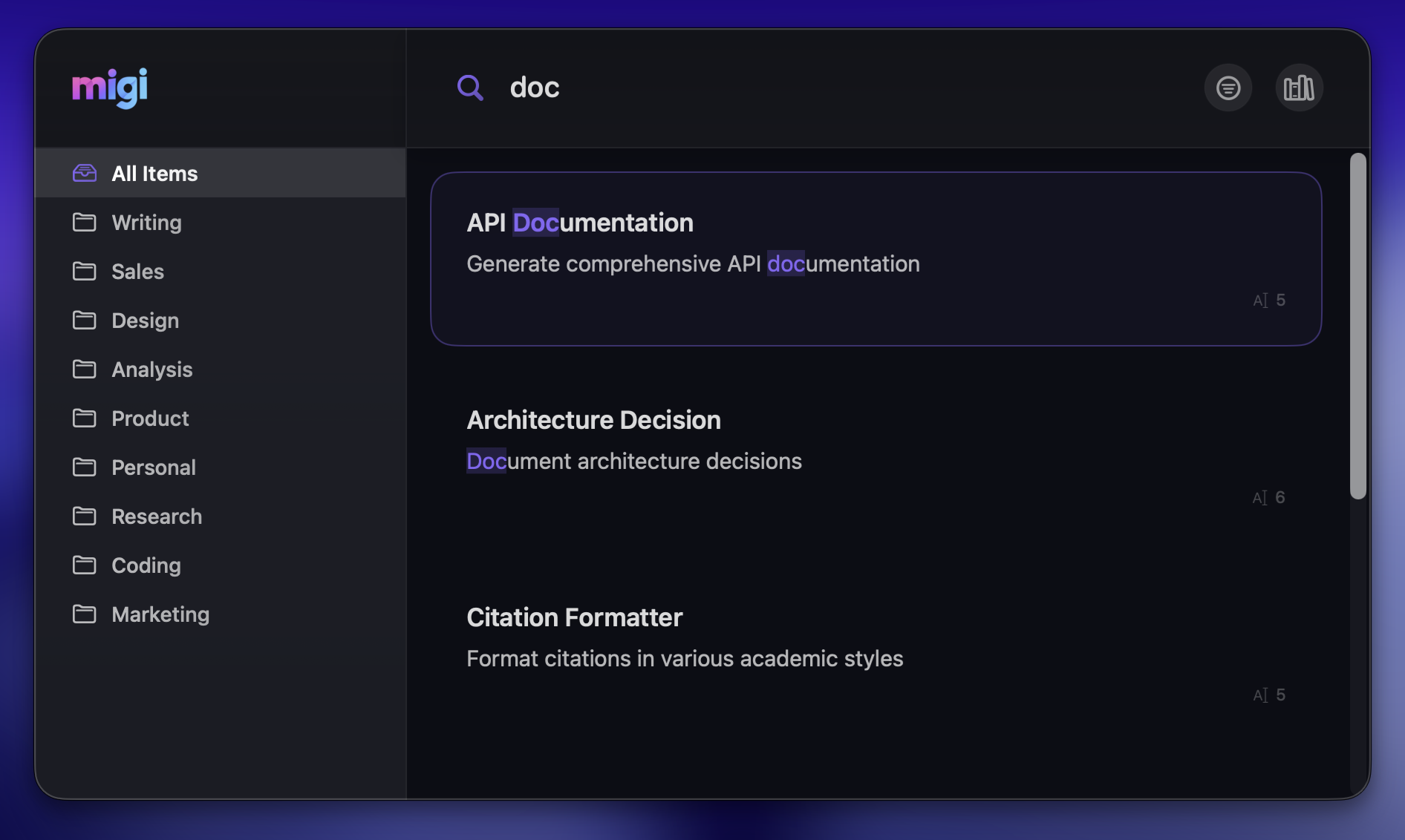 Migi - Main product screenshot demonstrating key features and user interface