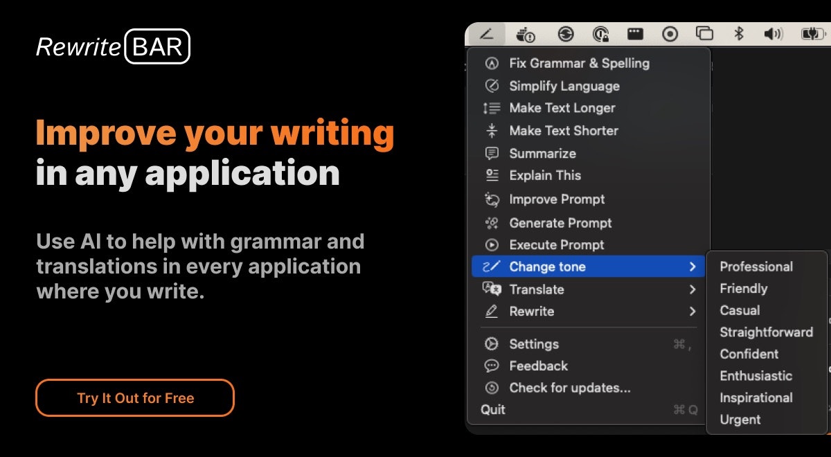 startuptile RewriteBar-Improve your writing in any macOS app with AI help