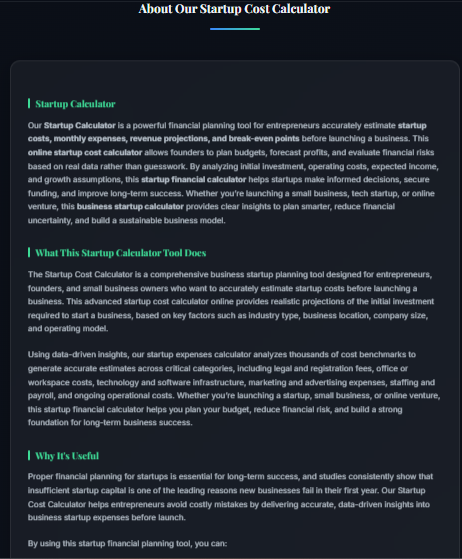 StartupCost - Screenshot 3 showing product features and functionality