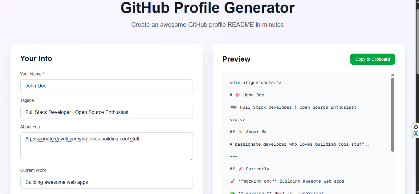 GitHub Profile Generator - Main product screenshot demonstrating key features and user interface