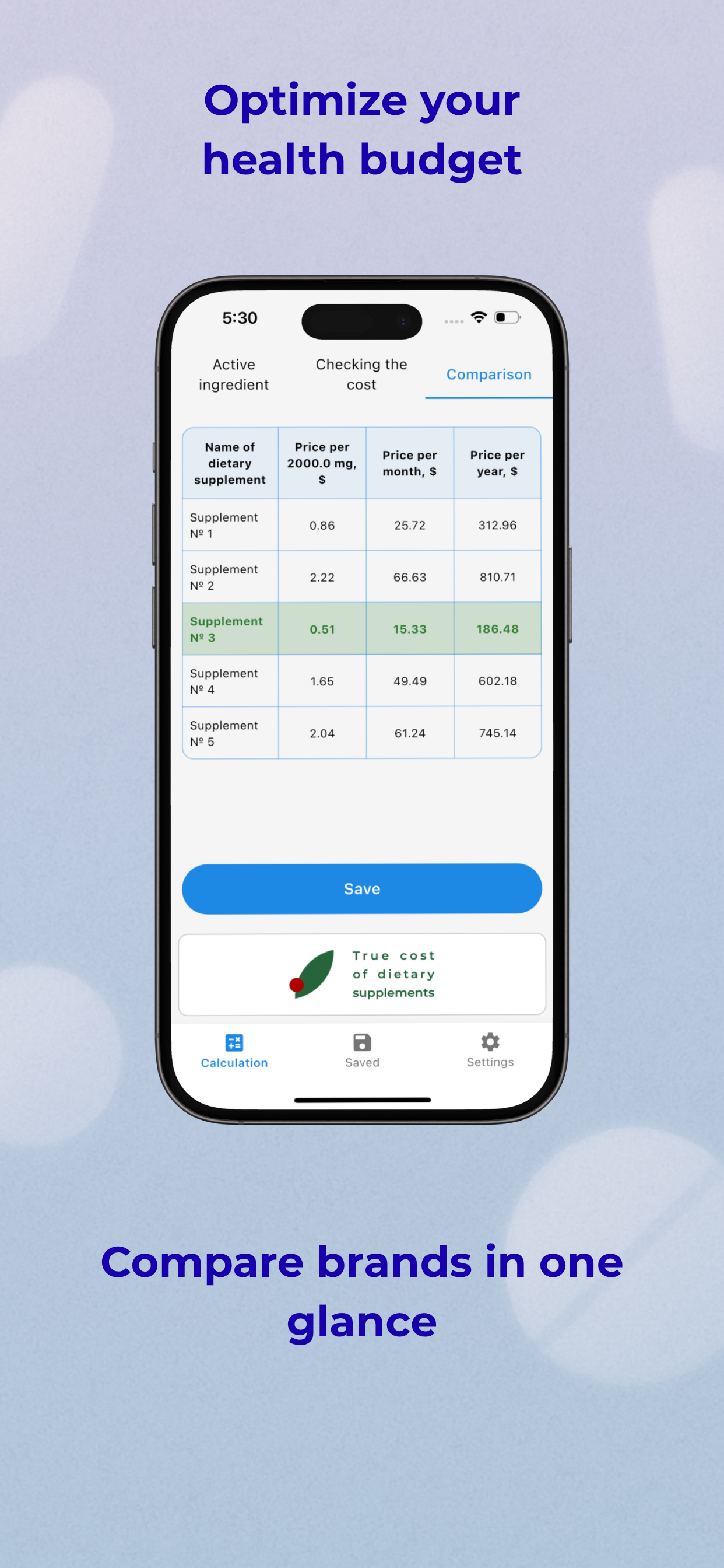 True cost of dietary supplements - Screenshot 3 showing product features and functionality