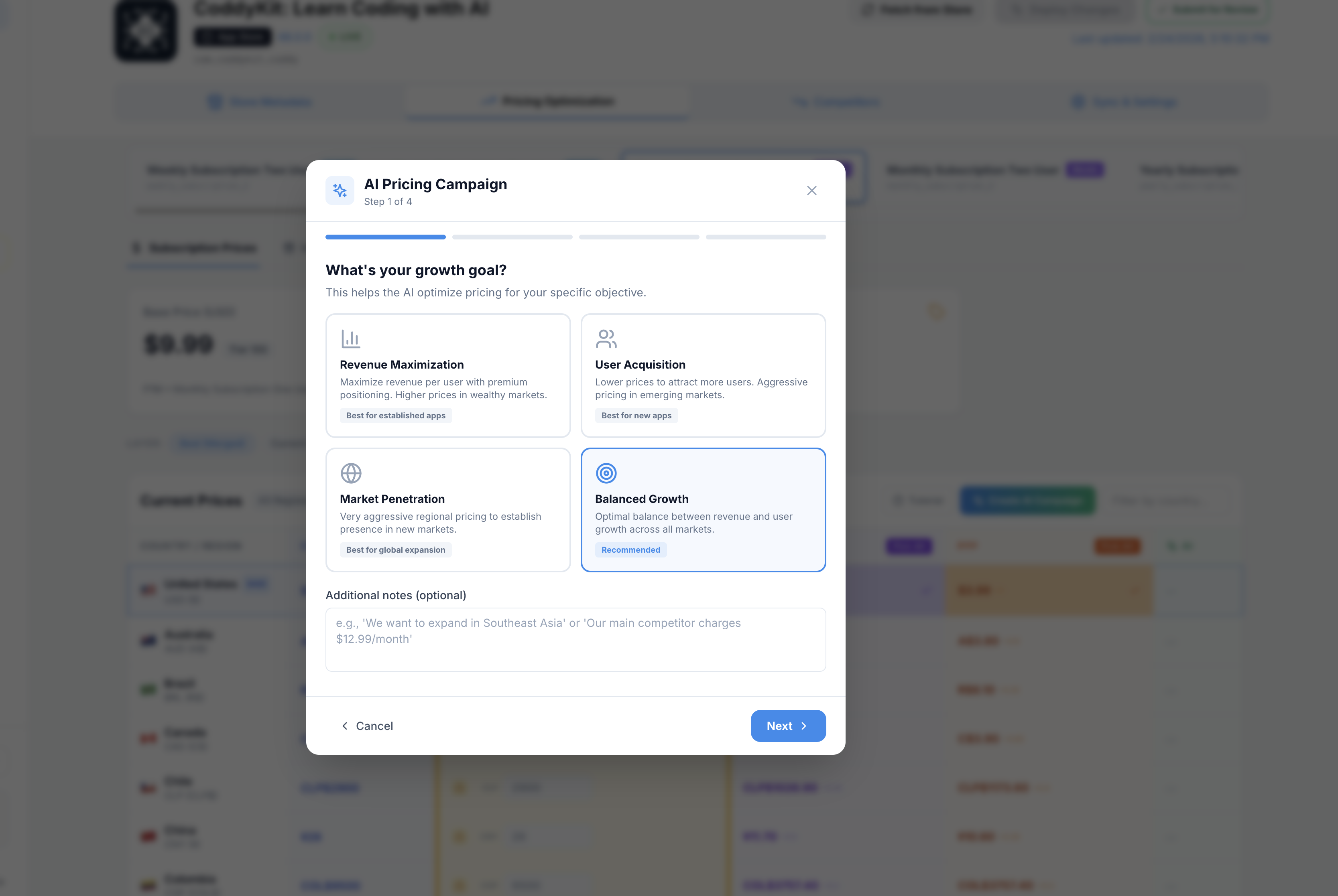 AppPriceAI - Main product screenshot demonstrating key features and user interface