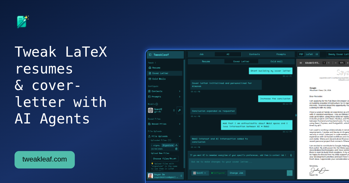 Média Tweakleaf - Ajustez vos curriculum vitae de latex et couvertures avec des agents de l'IA! 1