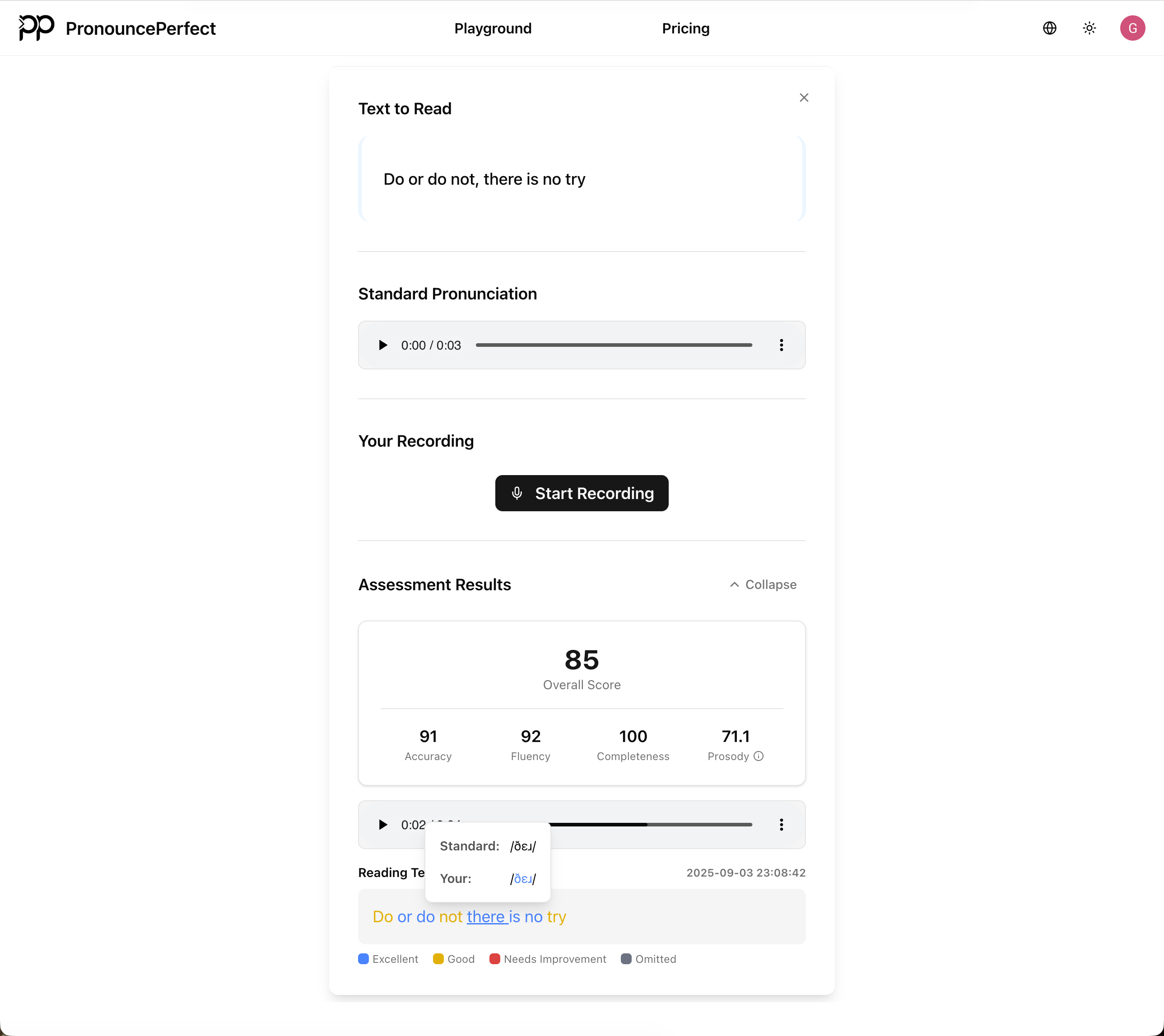 Pronunceperfect - Testo inglese a parlare e ottenere un feedback di pronuncia media 3