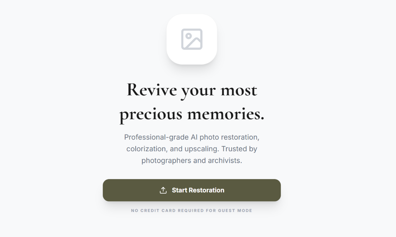 PhotoRestore AI - Main product screenshot demonstrating key features and user interface