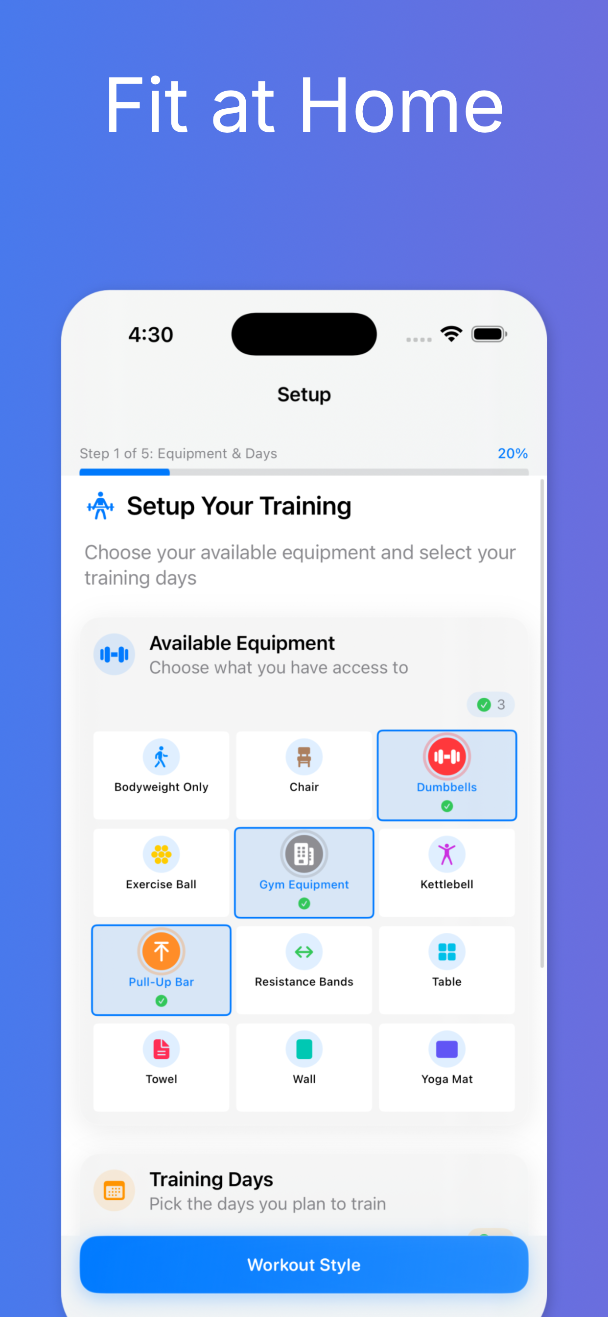 Gain - AI-Powered Home Workout Planner - Main product screenshot demonstrating key features and user interface
