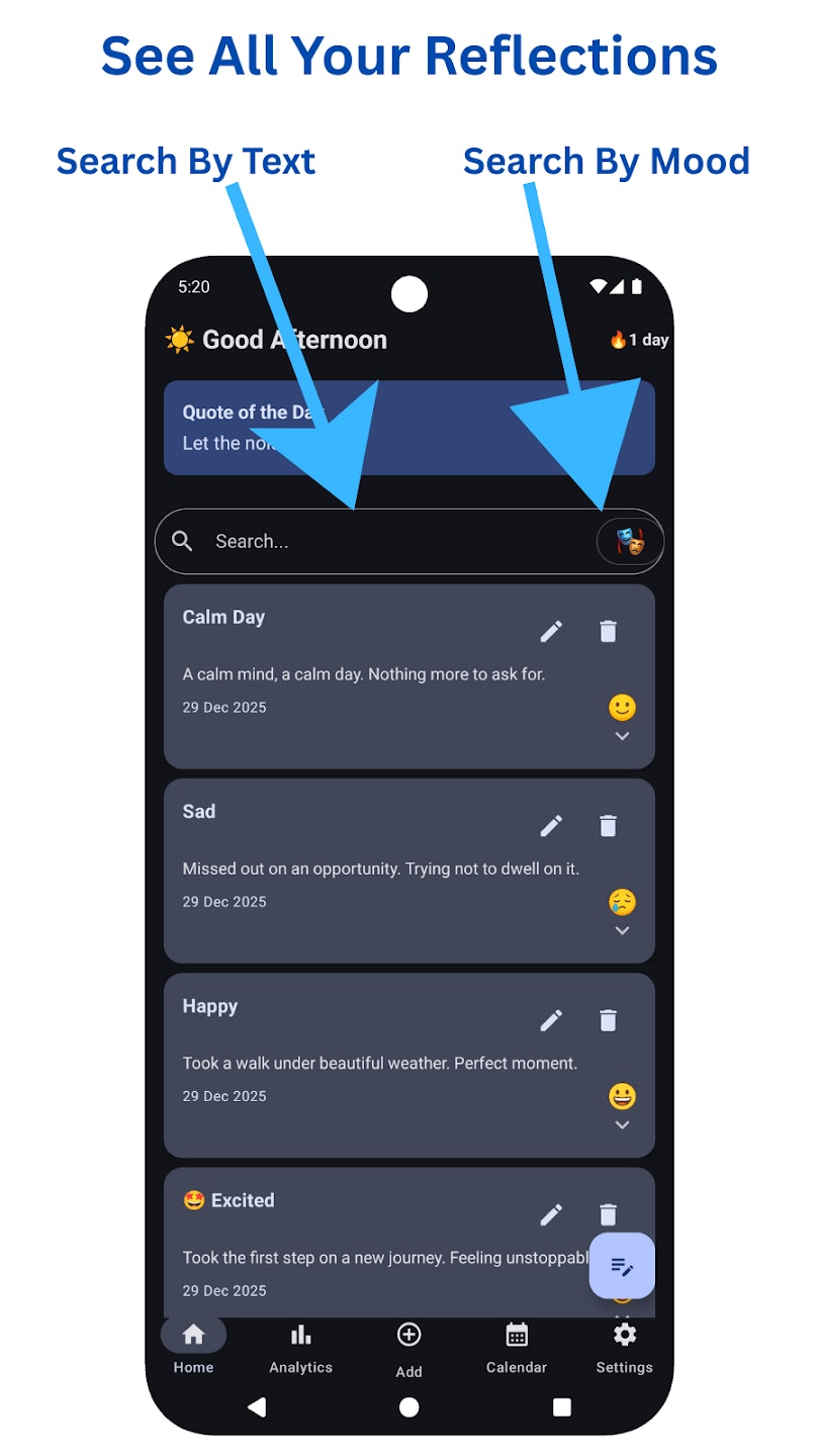 Daily Reflection Journal - Main product screenshot demonstrating key features and user interface
